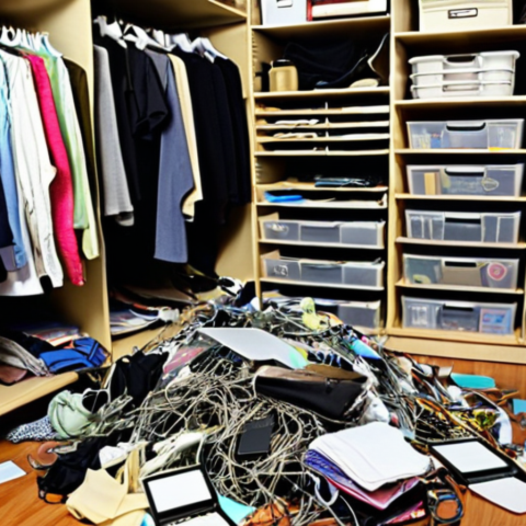 ** * **Prompt:** Cluttered digital closet, tangled data, disorganized files, need for disk partition management, like disorganized clothes. **