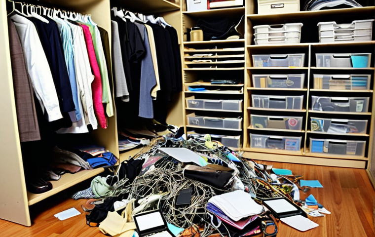 ** * **Prompt:** Cluttered digital closet, tangled data, disorganized files, need for disk partition management, like disorganized clothes. **