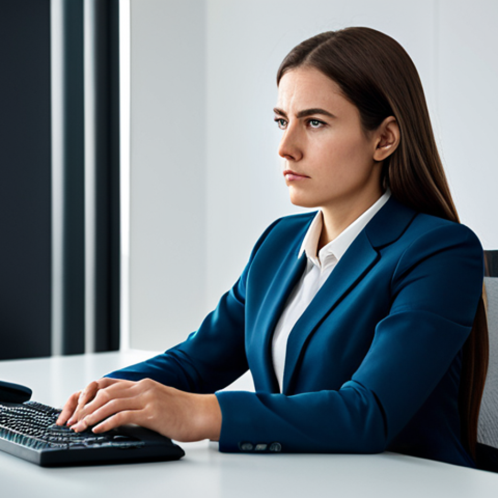 A professional woman, fully clothed in a modest business suit, sitting at a clean desk in a modern, well-lit office. She is gazing thoughtfully at a computer monitor with a slightly concerned yet determined expression, conveying a sense of contemplation about a technical issue. safe for work, appropriate content, fully clothed, professional, perfect anatomy, correct proportions, natural pose, well-formed hands, proper finger count, natural body proportions, professional photography, high quality, clean aesthetic.