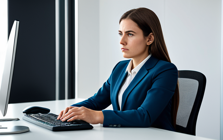 A professional woman, fully clothed in a modest business suit, sitting at a clean desk in a modern, well-lit office. She is gazing thoughtfully at a computer monitor with a slightly concerned yet determined expression, conveying a sense of contemplation about a technical issue. safe for work, appropriate content, fully clothed, professional, perfect anatomy, correct proportions, natural pose, well-formed hands, proper finger count, natural body proportions, professional photography, high quality, clean aesthetic.