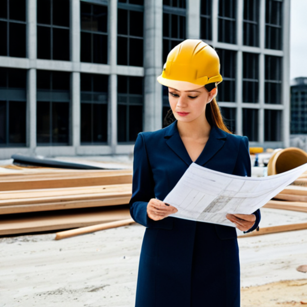 ** "A professional female architect in a modest and stylish dress, reviewing blueprints on a construction site, hard hat nearby, fully clothed, appropriate attire, safe for work, perfect anatomy, correct proportions, natural pose, professional photography, high quality, modern architectural design in background." **