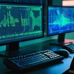 암호화 파일 보안 프로그램 비교 - **AI-Driven Ransomware's Digital Grip** A high-tech office desk at dusk, illuminated by the glow...