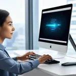 키보드 매핑 유틸리티 추천 - **Prompt:** A young, focused professional (gender-neutral, wearing casual smart attire) sits comfort...