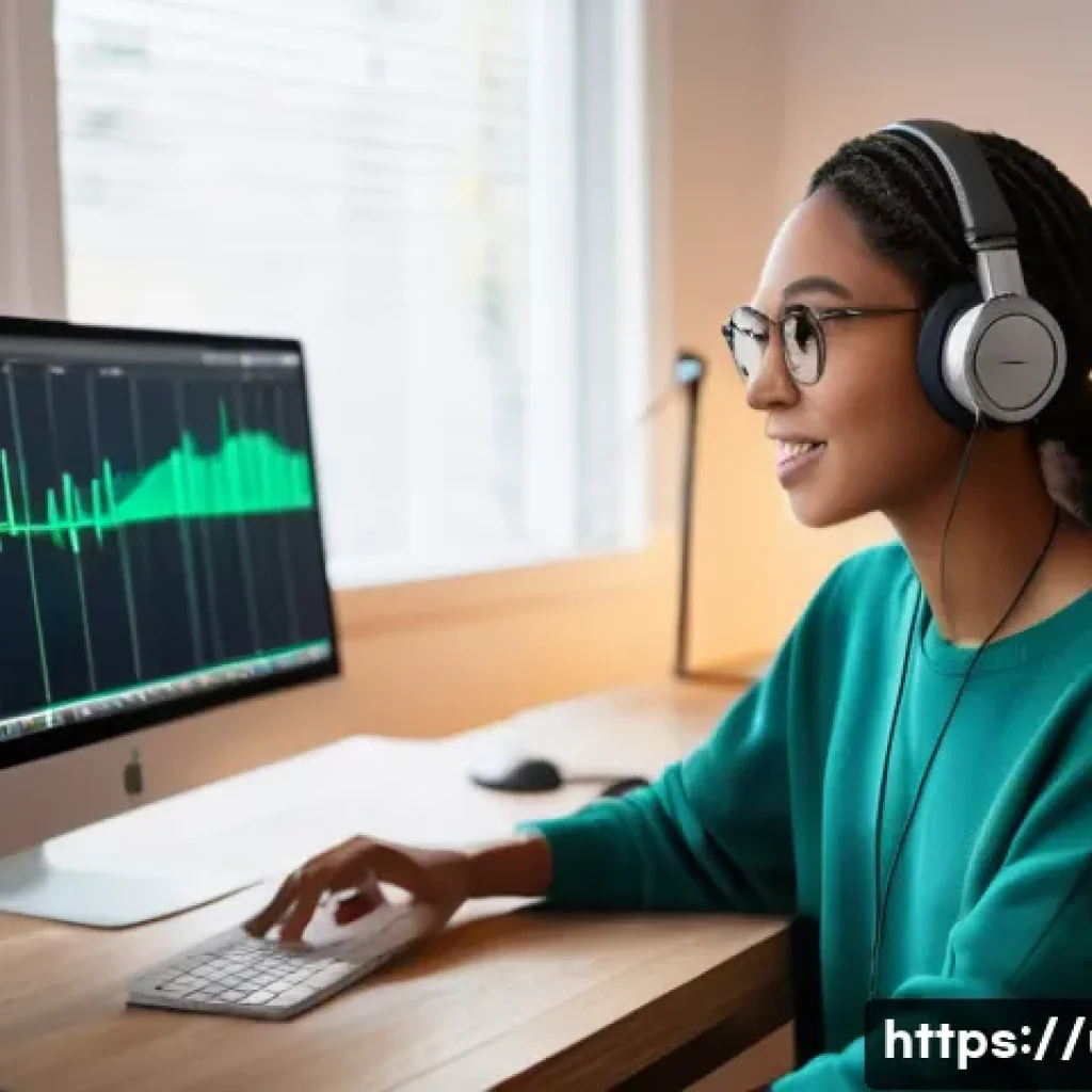 텍스트 음성 변환 프로그램 추천 - A diverse, young female content creator in her late 20s, wearing casual yet stylish attire, is seate...