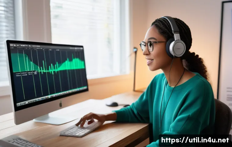 텍스트 음성 변환 프로그램 추천 - A diverse, young female content creator in her late 20s, wearing casual yet stylish attire, is seate...